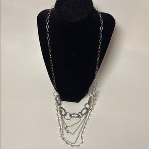 Long Fashion Costume Jewelry Silver Tone Chain Necklace with Clear Beads 26”